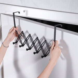 Over Door Hooks rack in black metal with a concertina-style expandable frame and six rounded hooks