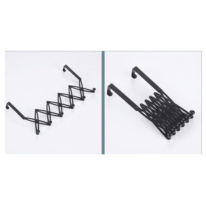 Over Door Hooks in black metal with an expandable zigzag frame and six rounded-ended hooks for hanging items