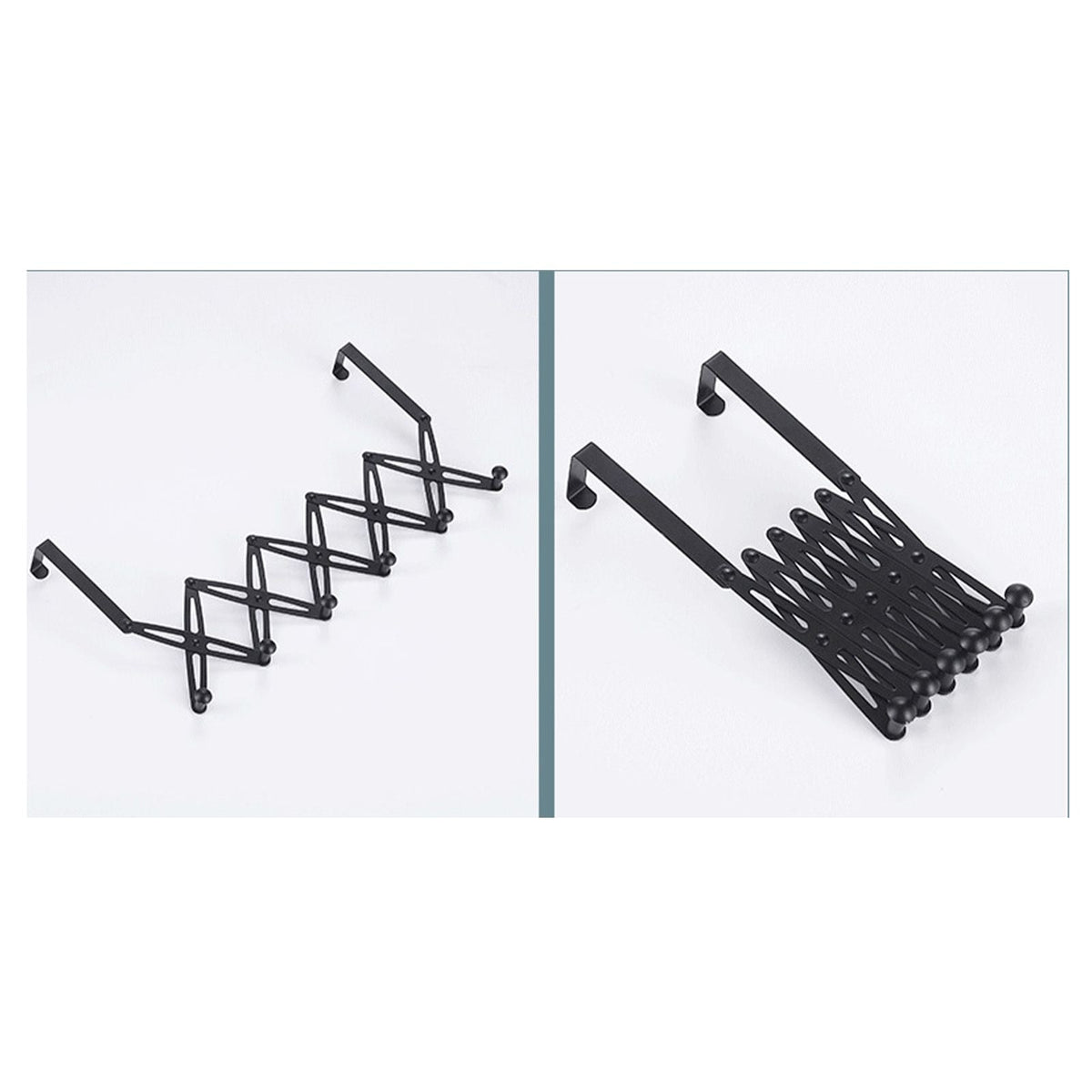 Over Door Hooks in black metal with an expandable zigzag frame and six rounded-ended hooks for hanging items