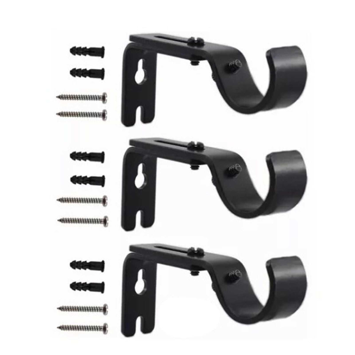 Adjustable Curtain Rod brackets in a three-pack of black metal, with curved rod holders and matching screws and anchors.