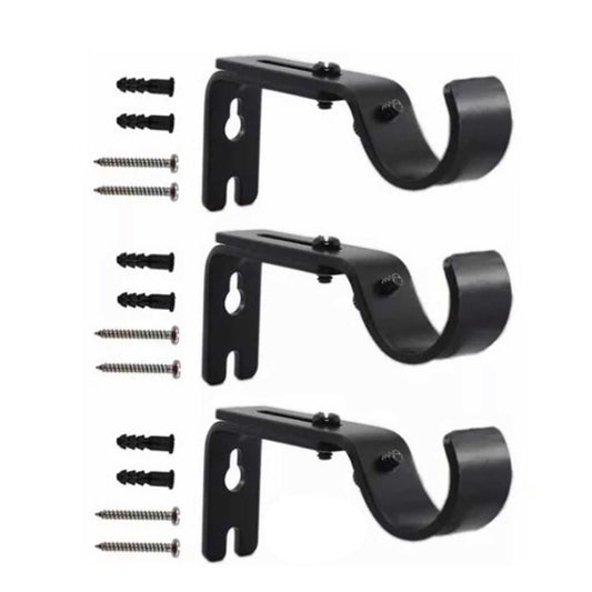Adjustable Curtain Rod brackets in a three-pack of black metal, with curved rod holders and matching screws and anchors.