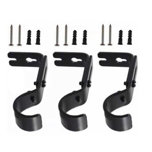 Adjustable Curtain Rod brackets, three black iron wall mounts with curved holders and matching screws and anchors