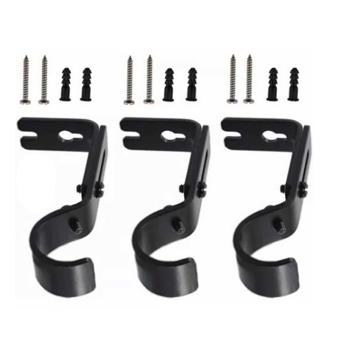 Adjustable Curtain Rod brackets, three black iron wall mounts with curved holders and matching screws and anchors
