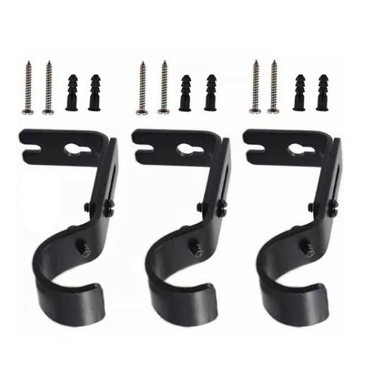 Adjustable Curtain Rod brackets, three black iron wall mounts with curved holders and matching screws and anchors