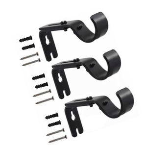 Adjustable Curtain Rod brackets in black iron, with three curved adjustable holders and included screws for mounting