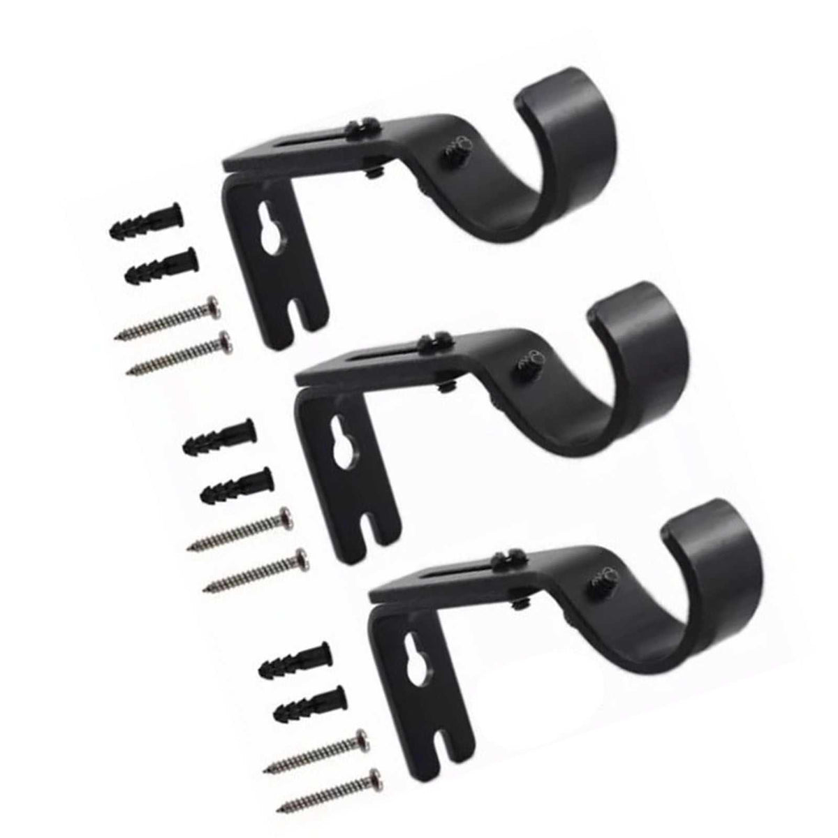 Adjustable Curtain Rod brackets in black iron, with three curved adjustable holders and included screws for mounting