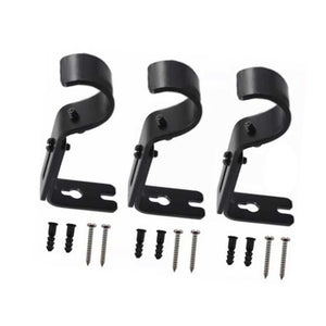 Adjustable Curtain Rod brackets in black iron, three curved adjustable supports shown with matching screws and wall anchors