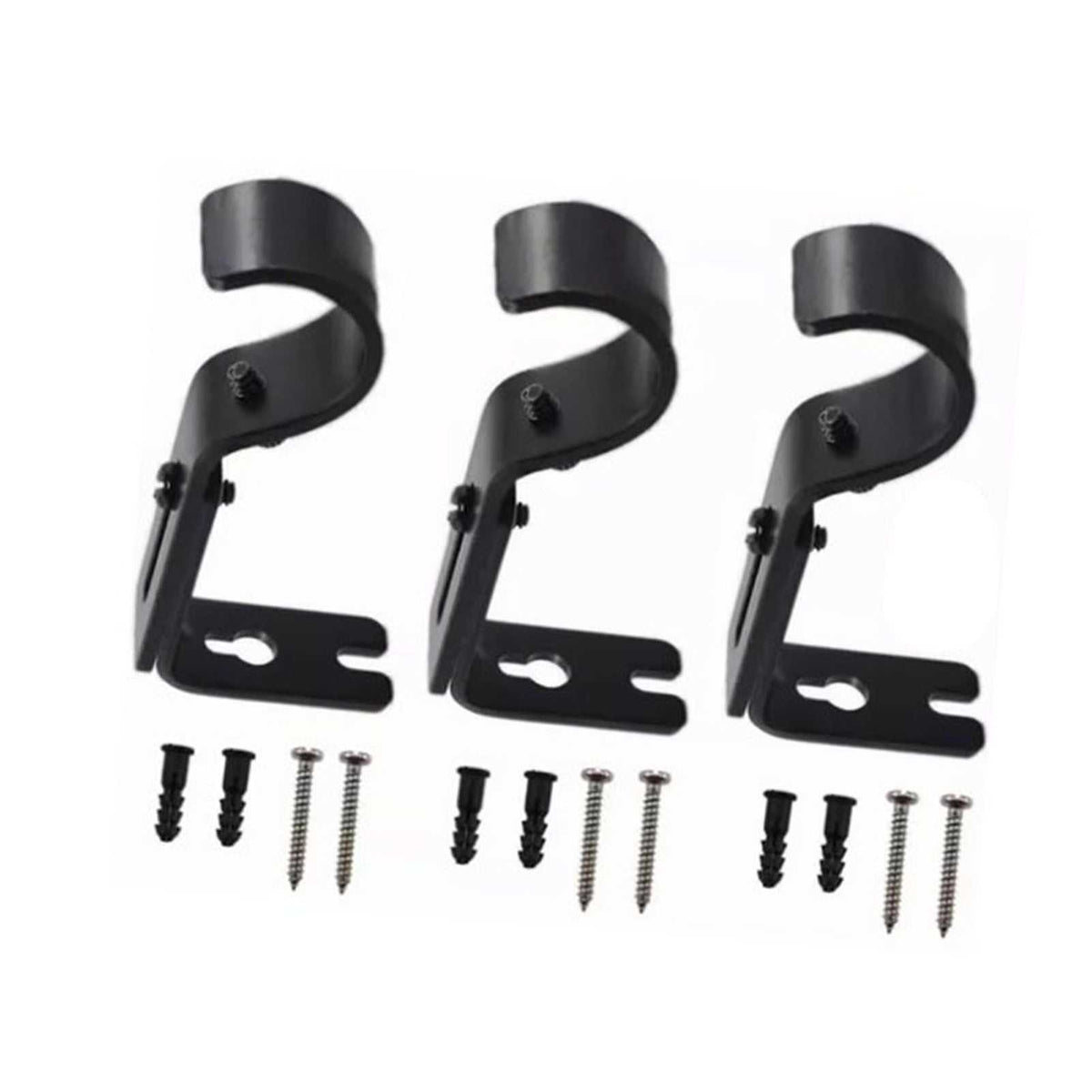 Adjustable Curtain Rod brackets in black iron, three curved adjustable supports shown with matching screws and wall anchors