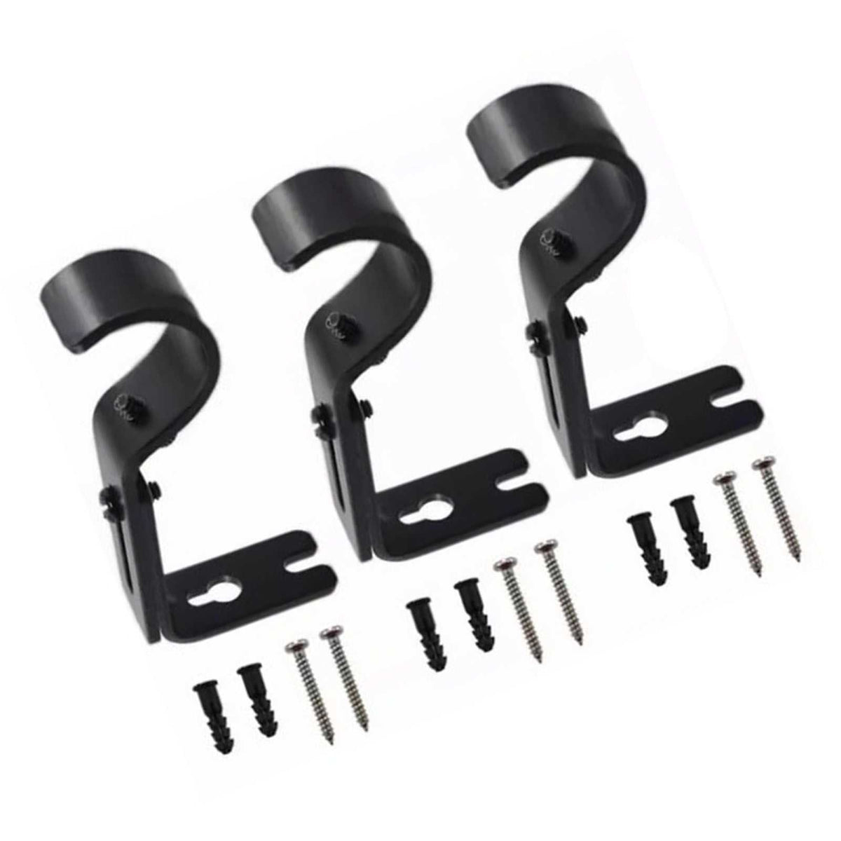 Adjustable Curtain Rod brackets in black iron, featuring three curved adjustable holders with mounting screws and anchors
