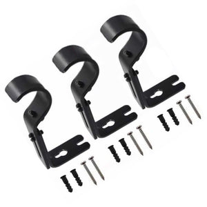 Adjustable Curtain Rod brackets in black iron, three curved wall mounts with adjustment screws and included fixings