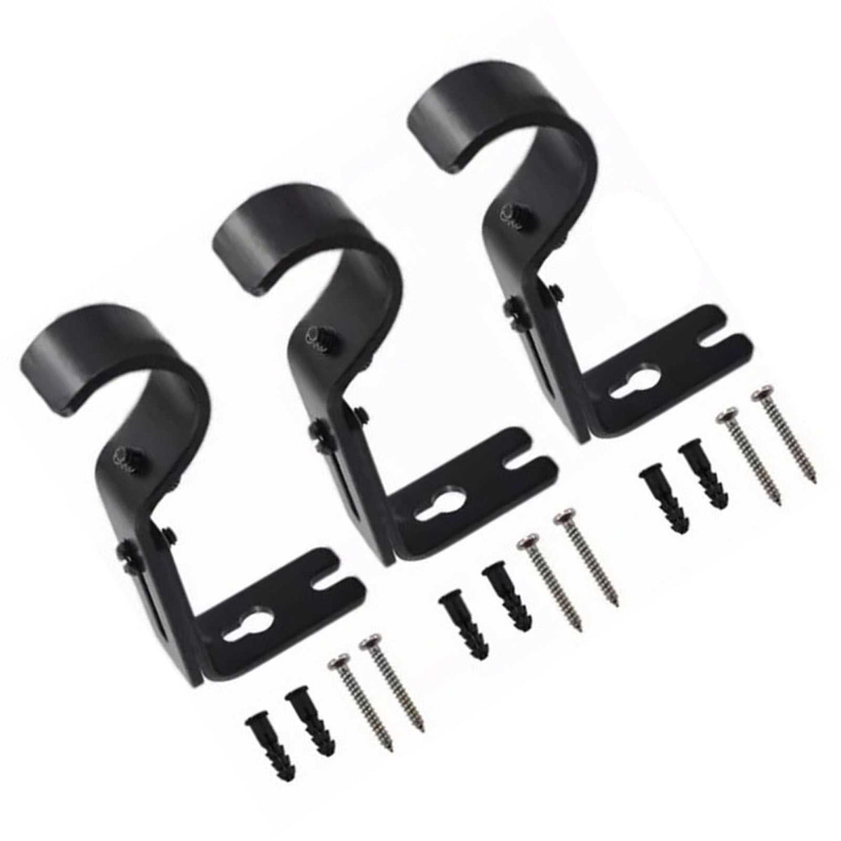 Adjustable Curtain Rod brackets in black iron, three curved wall mounts with adjustment screws and included fixings