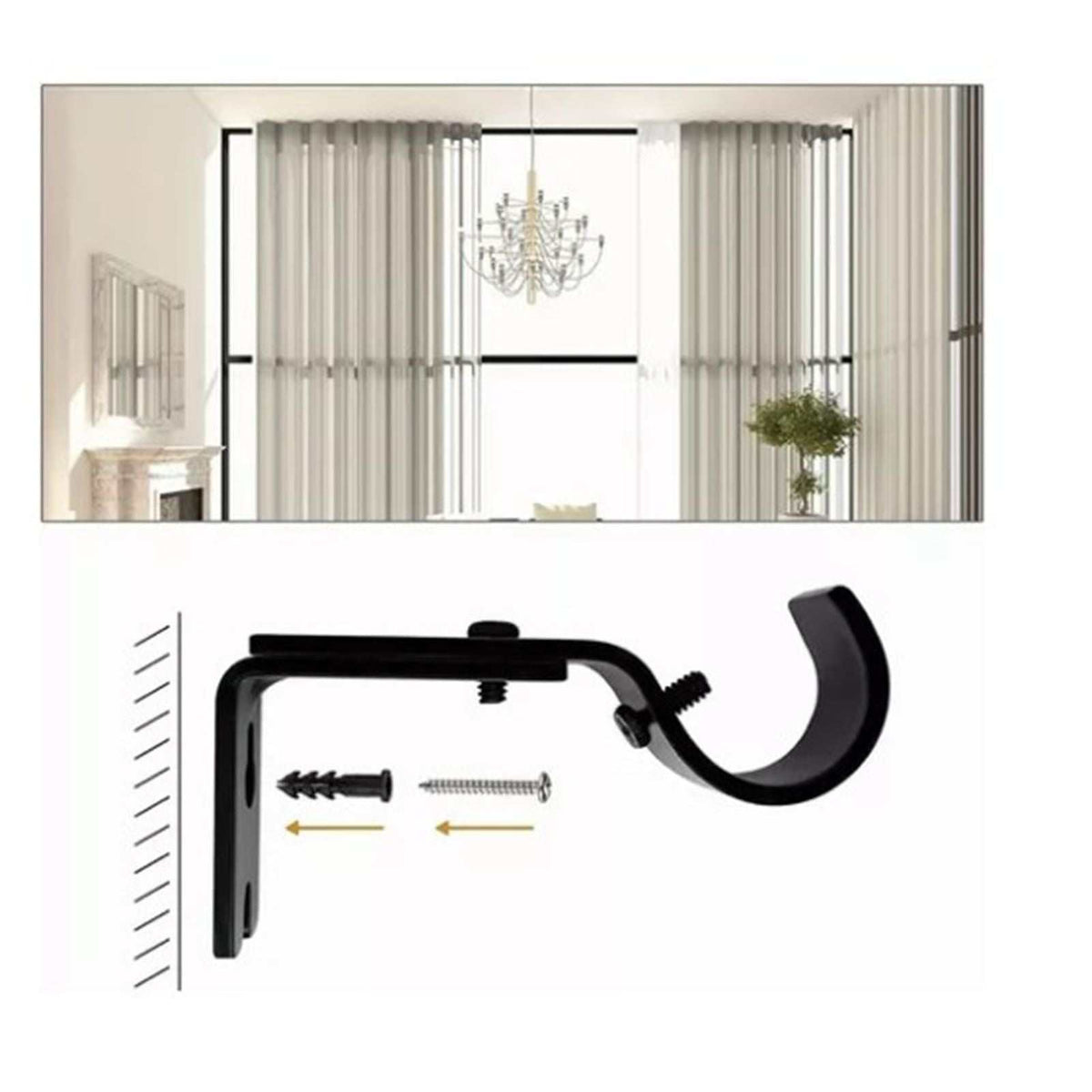 Adjustable Curtain Rod bracket in black iron with an L-shaped wall mount, curved rod support and included screws