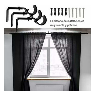 Adjustable Curtain Rod brackets in black iron, shown as three wall-mounted supports with screws and anchors included