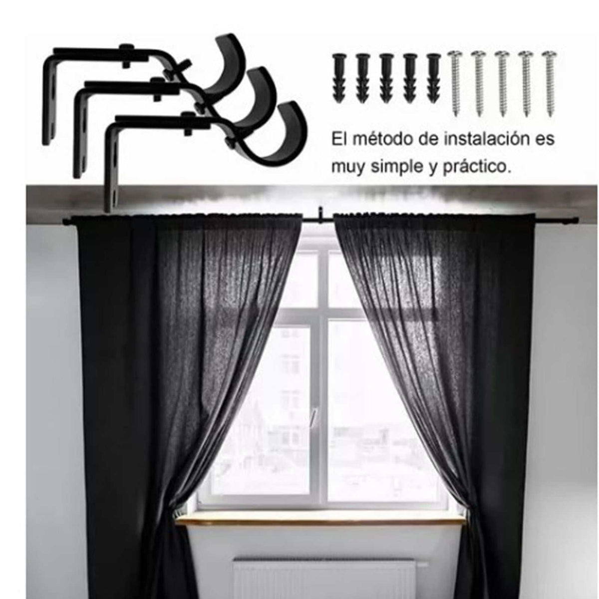 Adjustable Curtain Rod brackets in black iron, shown as three wall-mounted supports with screws and anchors included