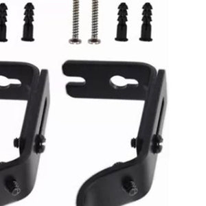 Adjustable Curtain Rod brackets in black iron, with a flat wall plate, adjustable side arm and included screws and anchors