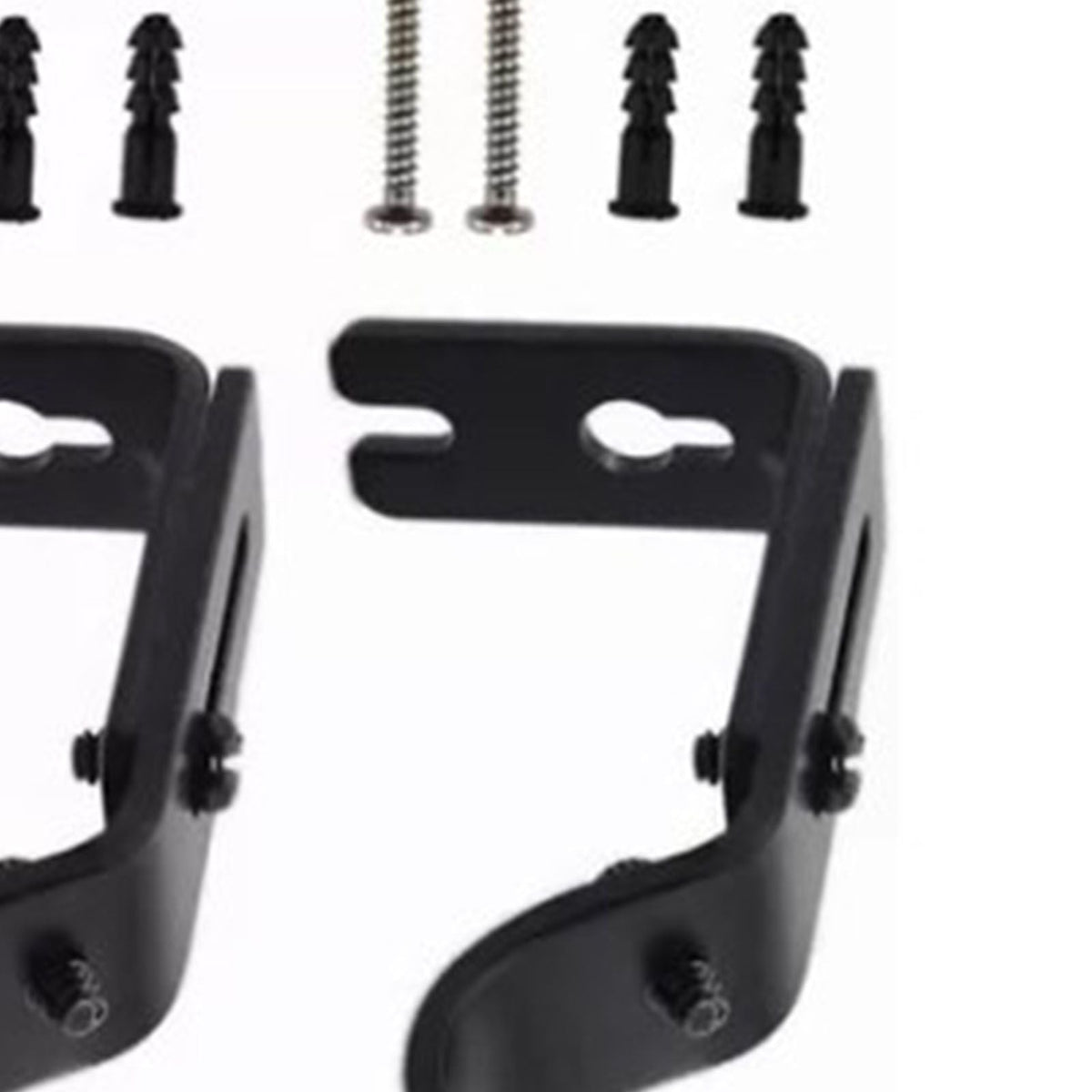 Adjustable Curtain Rod brackets in black iron, with a flat wall plate, adjustable side arm and included screws and anchors