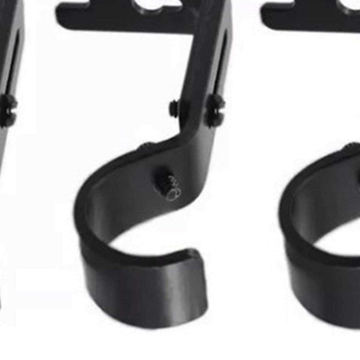 Adjustable Curtain Rod brackets in black iron, with curved open loops and side screws for fitting different rod sizes