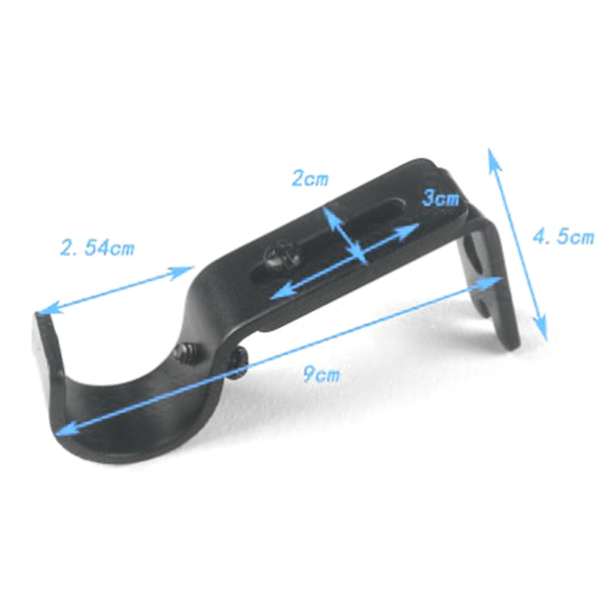 Adjustable Curtain Rod bracket in black iron with a curved rod cradle, slotted mounting plate and adjustable screws