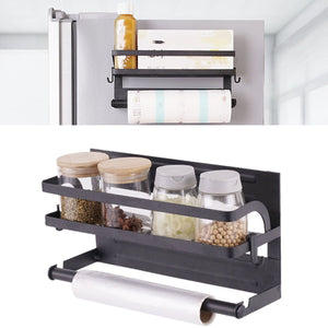 Refrigerator Magnetic Storage Shelf in black metal, with a single spice rack and paper towel holder