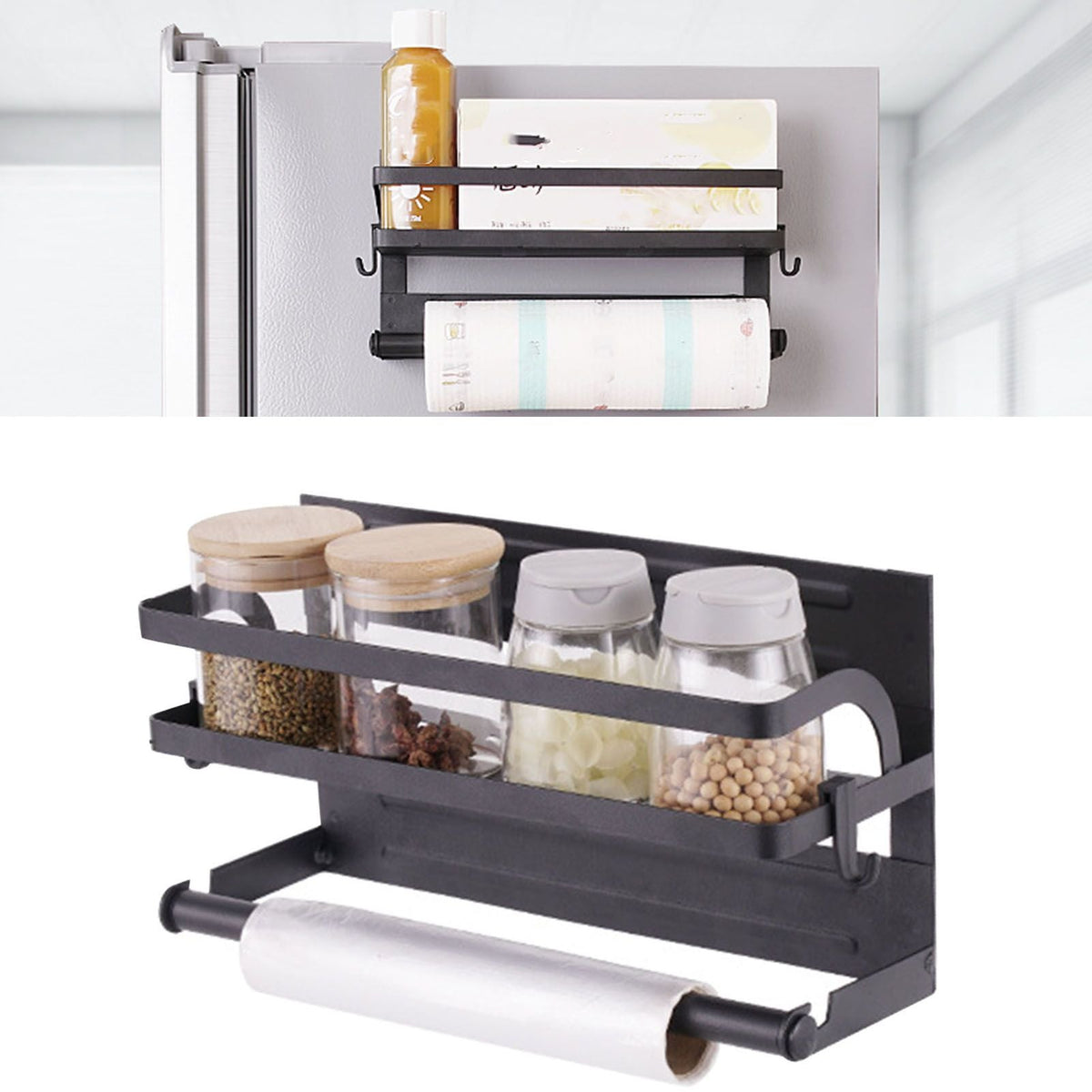 Refrigerator Magnetic Storage Shelf in black metal, with a single spice rack and paper towel holder