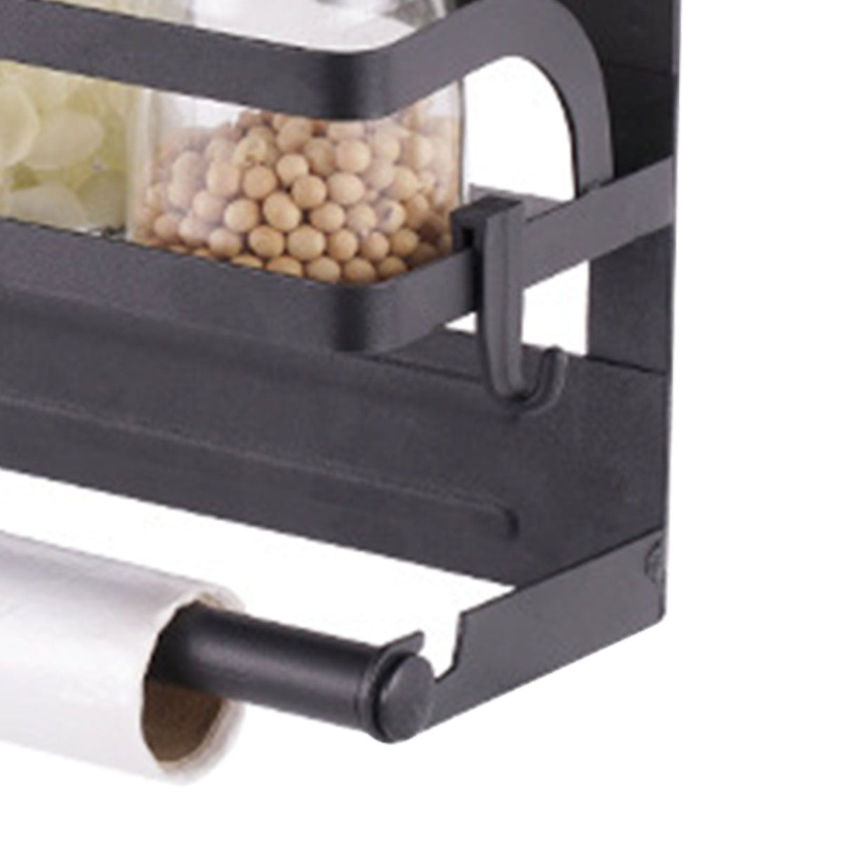 Refrigerator Magnetic Storage Shelf in black metal, single-layer rack with a lower paper towel holder and storage bin