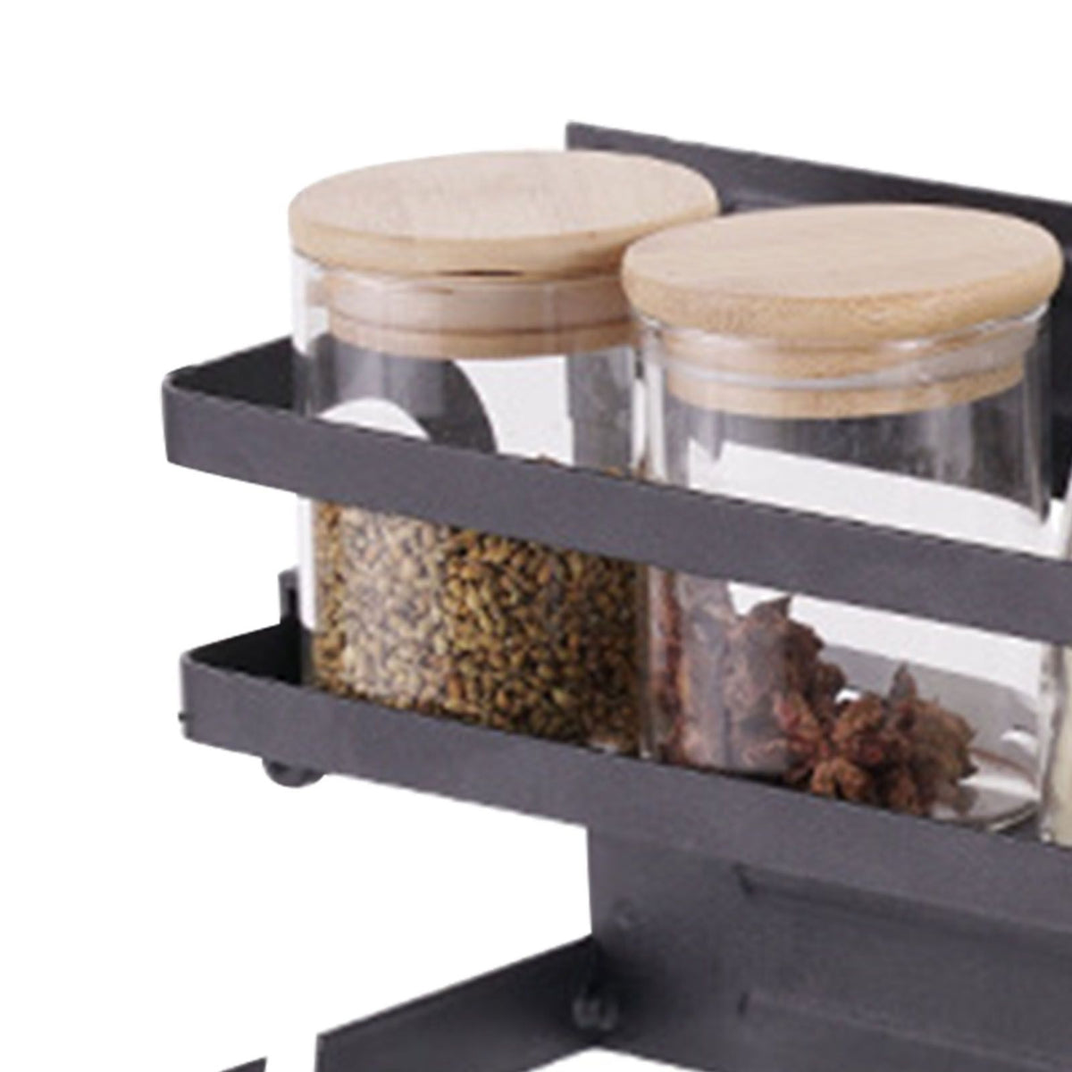 Refrigerator Magnetic Storage Shelf in black metal, double-tiered with jars and wooden lids, holding spices on refrigerator side