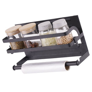 Refrigerator Magnetic Storage Shelf in black metal with a single spice rack tier and paper towel holder beneath