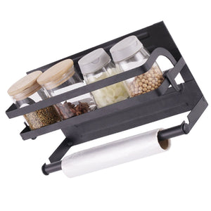Refrigerator Magnetic Storage Shelf in black metal with a single spice rack, glass jars, and a paper towel holder