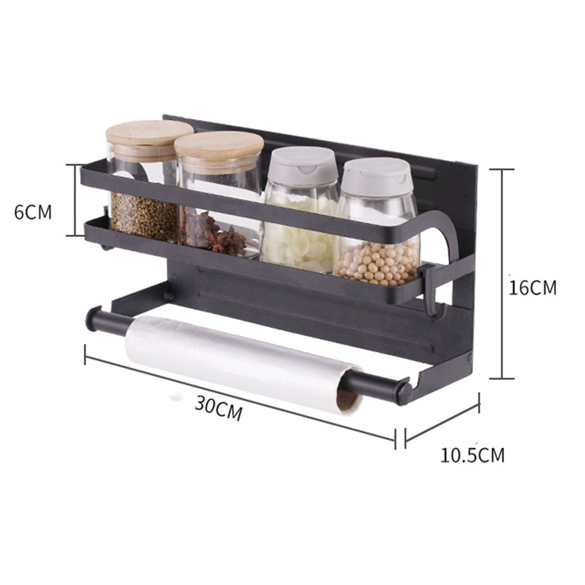 Refrigerator Magnetic Storage Shelf in black metal with a single raised spice rack and a lower paper towel holder