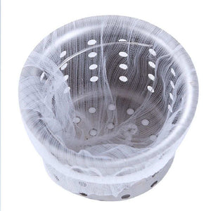 200 Pcs Sink Strainer Bag with a fine white translucent mesh lining a round perforated metal sink strainer