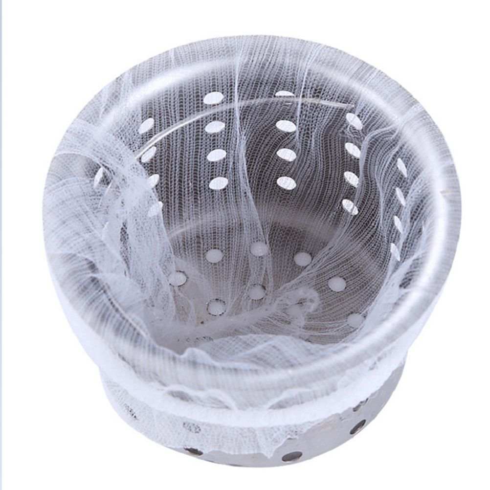200 Pcs Sink Strainer Bag with a fine white translucent mesh lining a round perforated metal sink strainer