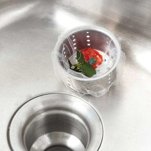 200 Pcs Sink Strainer Bag with white fine mesh, elastic edge, fitted over a drain basket catching food scraps