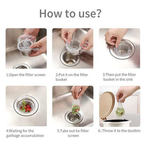 200 Pcs Sink Strainer Bag showing clear fine-mesh disposable bags fitted over a metal sink strainer basket