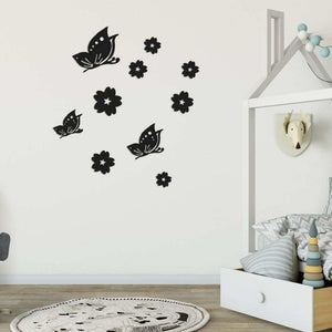 3D Mirror Wall Sticker set in black butterfly and flower shapes, with decorative cutout details and reflective acrylic