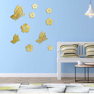 3D Mirror Wall Sticker set of gold acrylic butterflies and flowers with reflective cutout details for wall decor