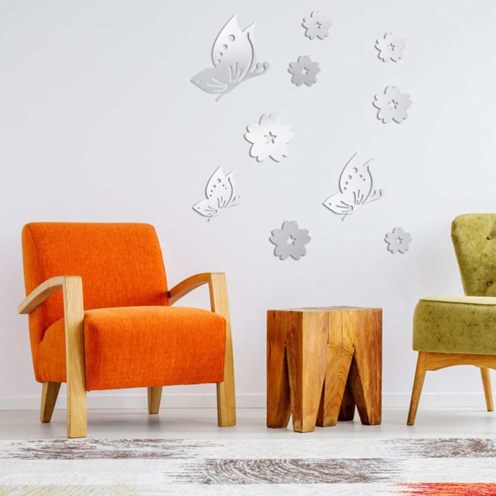 3D Mirror Wall Sticker set featuring reflective silver acrylic butterflies and flowers in a decorative wall arrangement