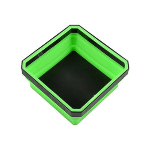 Magnetic Parts Tray in bright green flexible silicone with a black magnetic base and collapsible raised sides