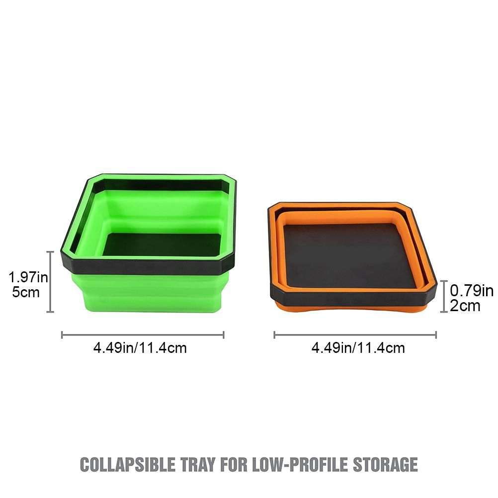 Magnetic Parts Tray set showing green expanded and orange collapsed silicone trays with black magnetic bases