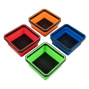 Magnetic Parts Tray set of four collapsible silicone trays in orange, red, blue and green with black bases