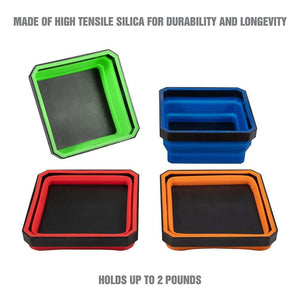 Magnetic Parts Tray set with four collapsible silicone trays in green, blue, red and orange, each with a black base.