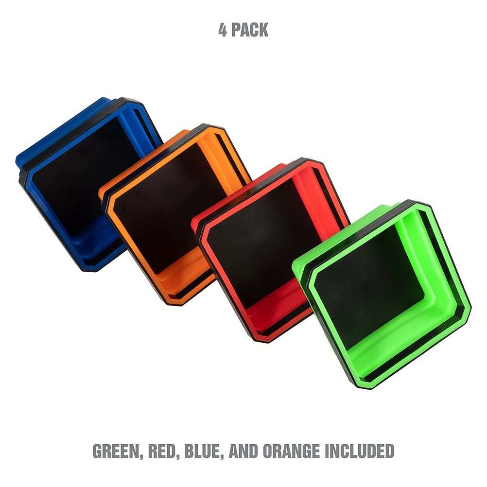 Magnetic Parts Tray four-pack in blue, orange, red and green, with square collapsible silicone sides and black bases