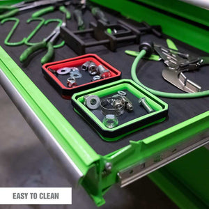 Magnetic Parts Tray set in red and green, with black rims and silver screws, nuts and washers inside