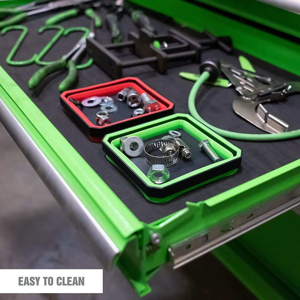 Magnetic Parts Tray set in red and green, with black rims and silver screws, nuts and washers inside