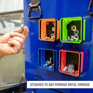Magnetic Parts Tray set in orange, green, blue and red flexible silicone, with raised collapsible sides holding metal parts