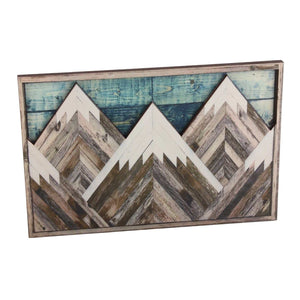 Mountain Wood Wall Art featuring layered geometric peaks in weathered grey, brown and white wood with a blue plank sky