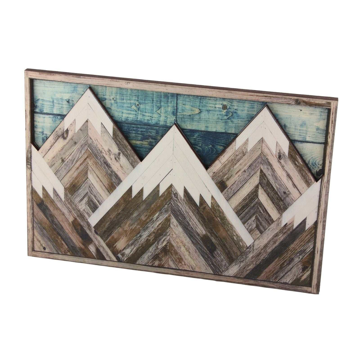 Mountain Wood Wall Art featuring layered geometric peaks in weathered brown and cream wood, with a blue plank backdrop and rustic frame