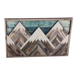 Mountain Wood Wall Art featuring layered geometric peaks in distressed brown, grey and white wood with a blue plank sky