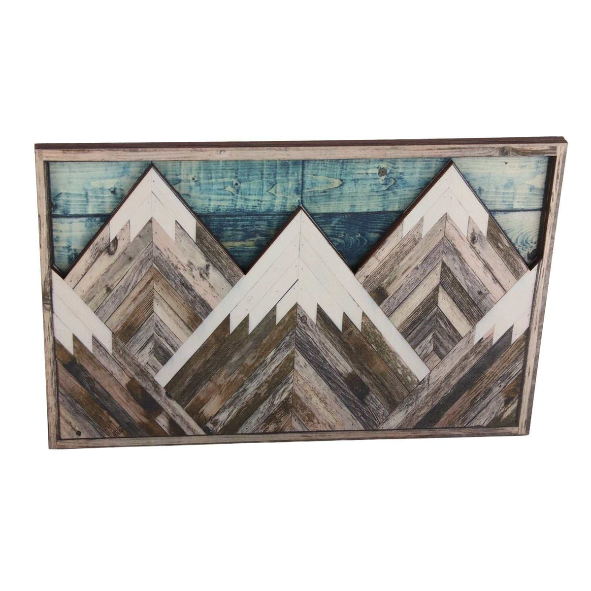 Mountain Wood Wall Art featuring layered geometric peaks in distressed brown, grey and white wood with a blue plank sky