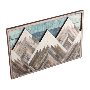 Mountain Wood Wall Art with a weathered brown wood frame, blue plank sky and layered white and grey geometric peaks