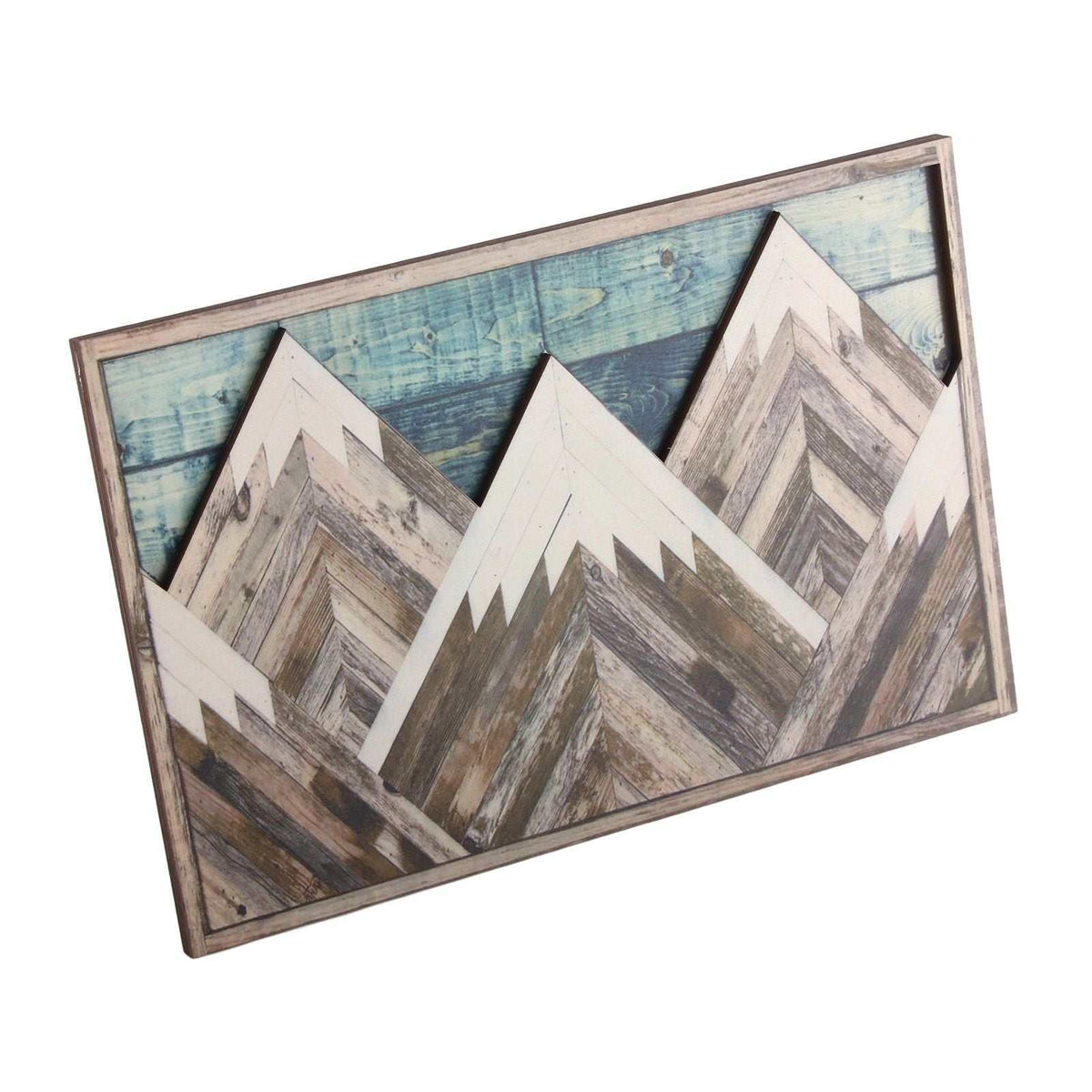 Mountain Wood Wall Art featuring layered geometric peaks in distressed gray, cream and brown reclaimed wood over a blue wood-grain panel